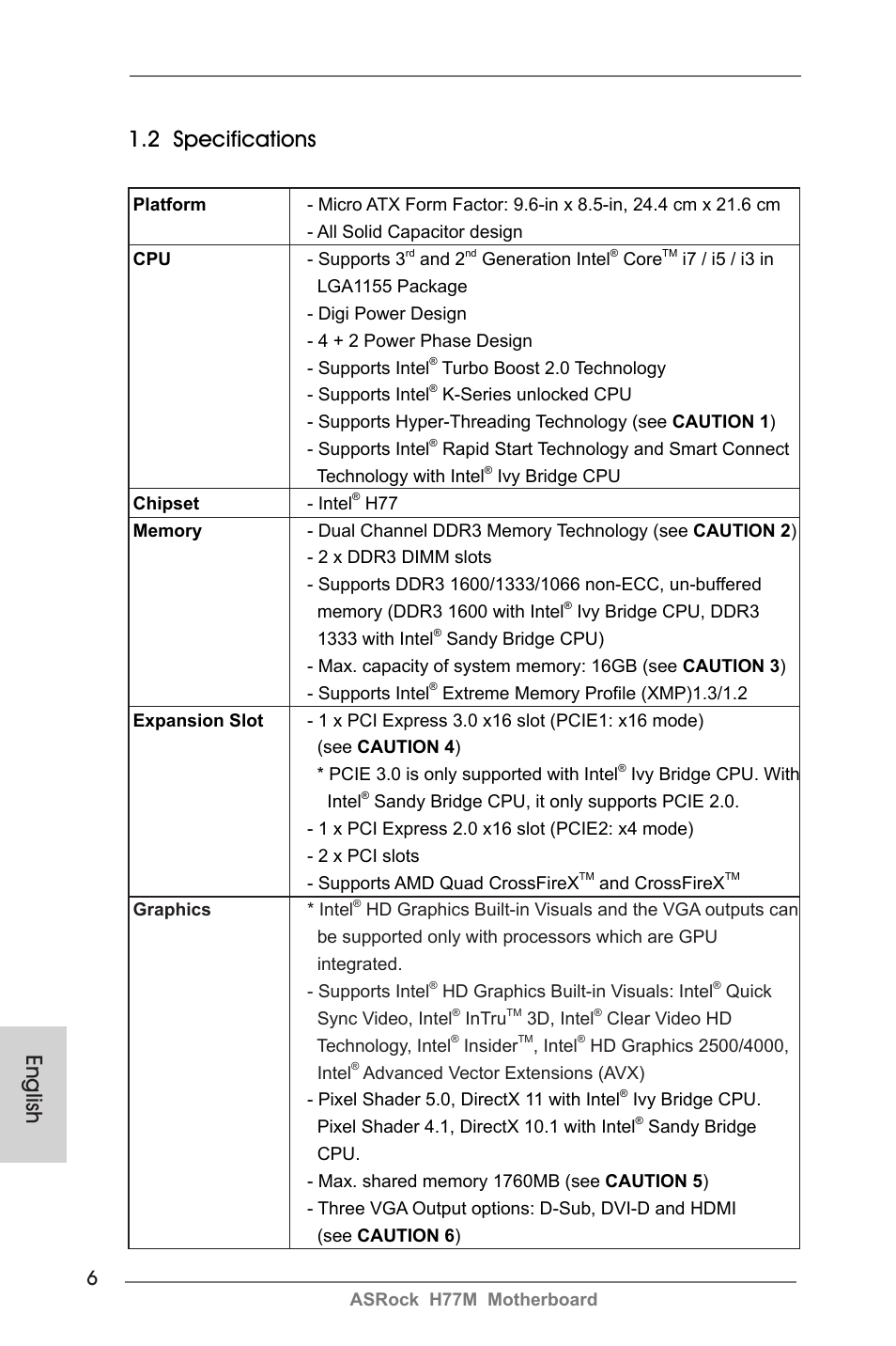 English 1.2 specifications | ASRock H77M User Manual | Page 6 / 206