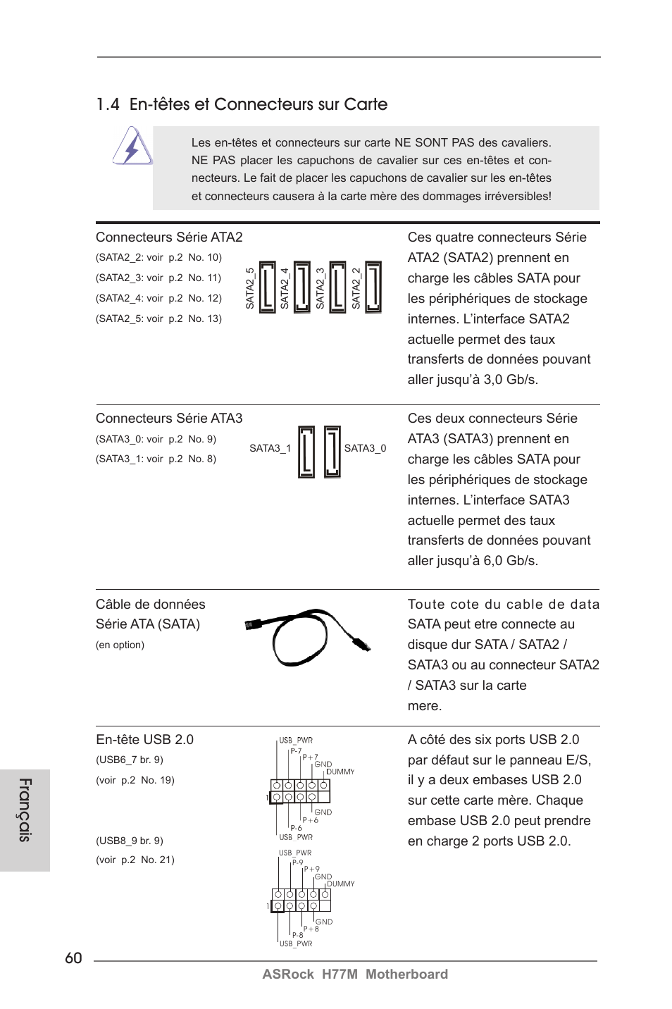 Français, 4 en-têtes et connecteurs sur carte | ASRock H77M User Manual | Page 60 / 206