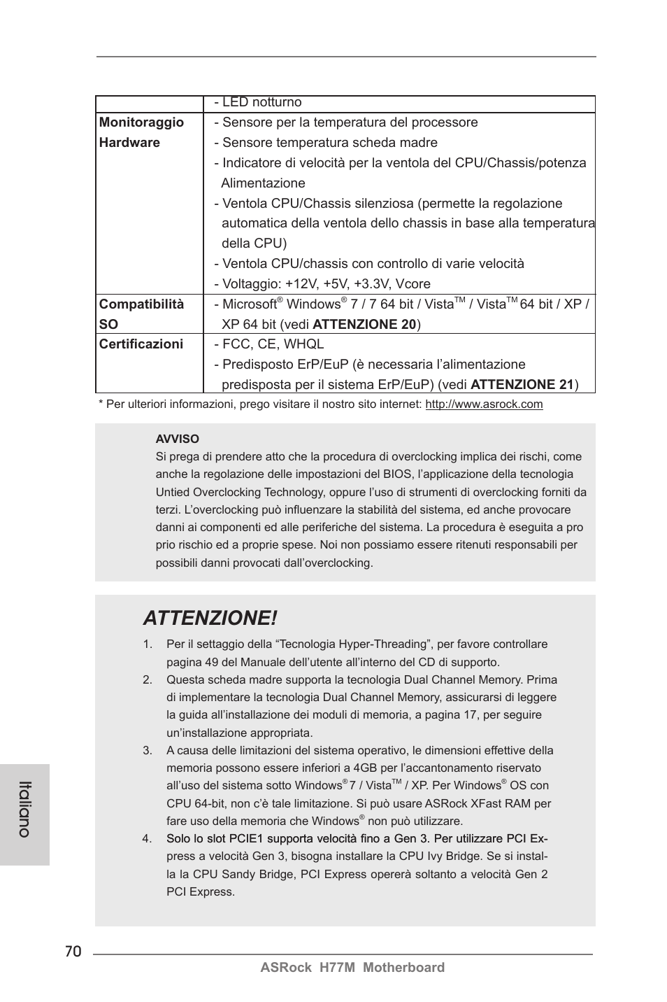 Attenzione, Italiano | ASRock H77M User Manual | Page 70 / 206