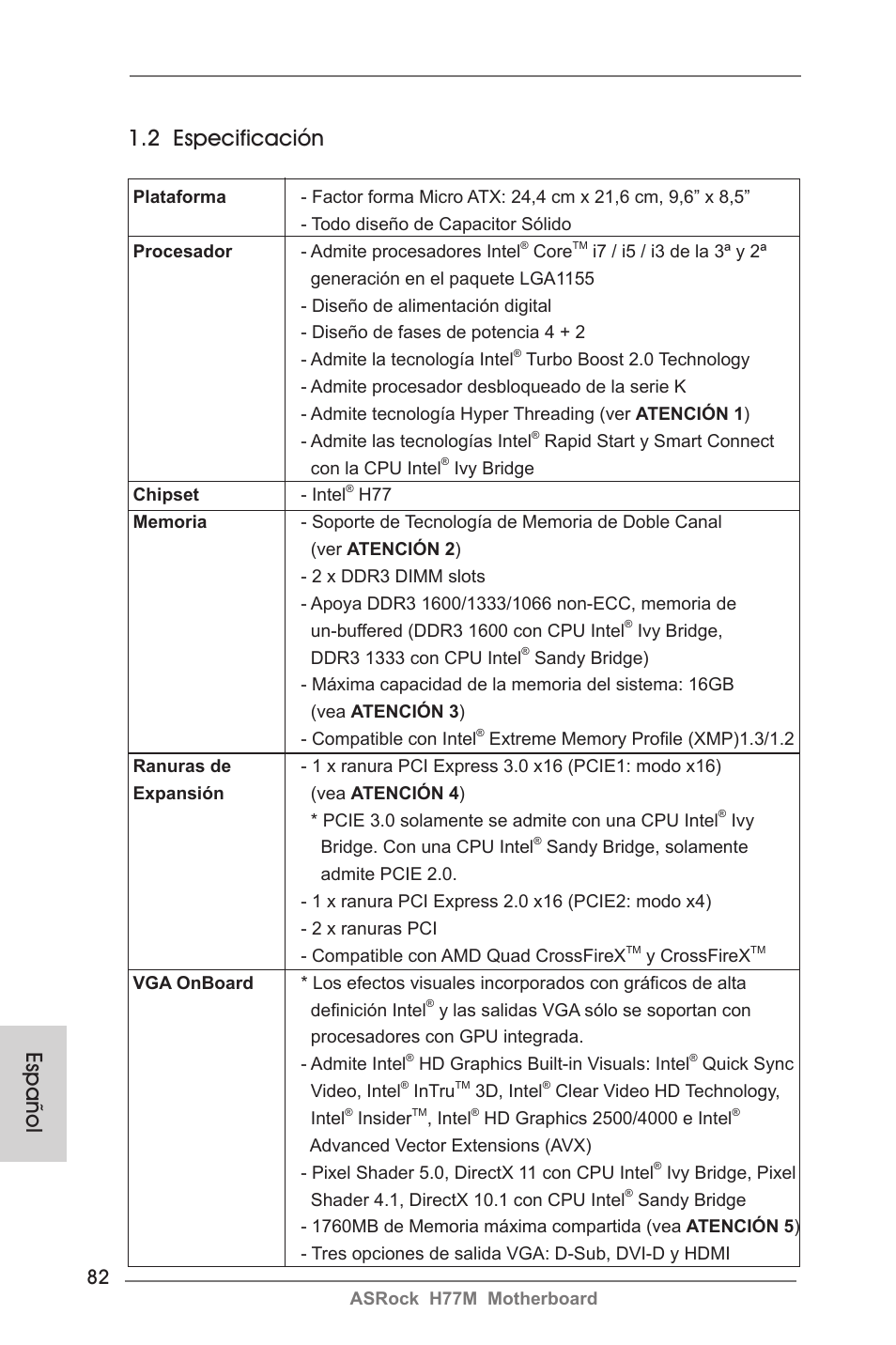 Español 1.2 especificación | ASRock H77M User Manual | Page 82 / 206