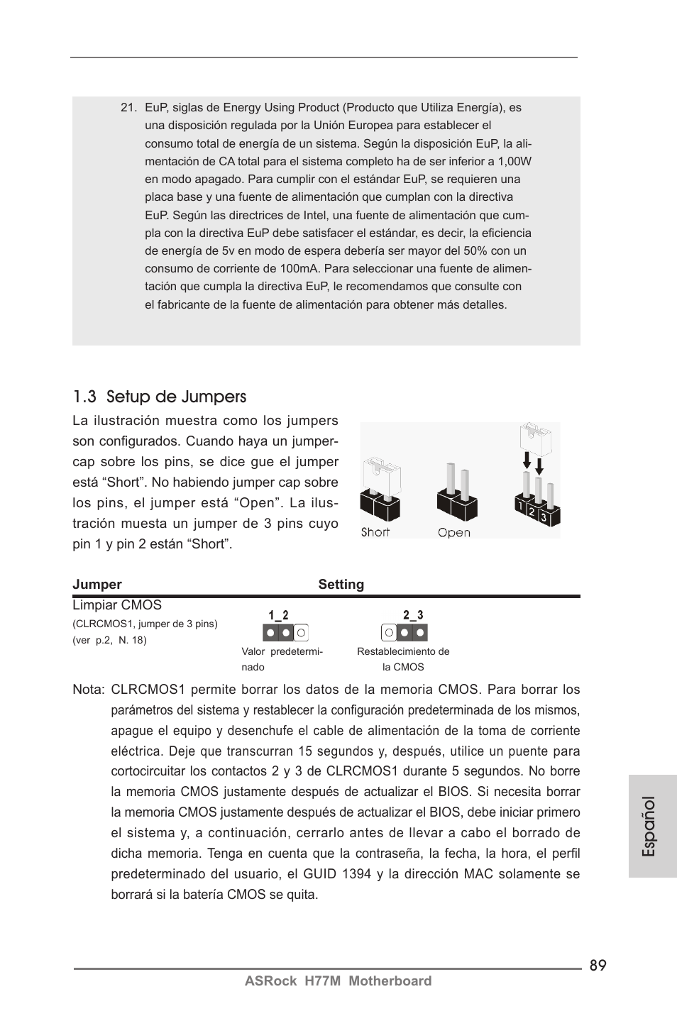 Español 1.3 setup de jumpers | ASRock H77M User Manual | Page 89 / 206