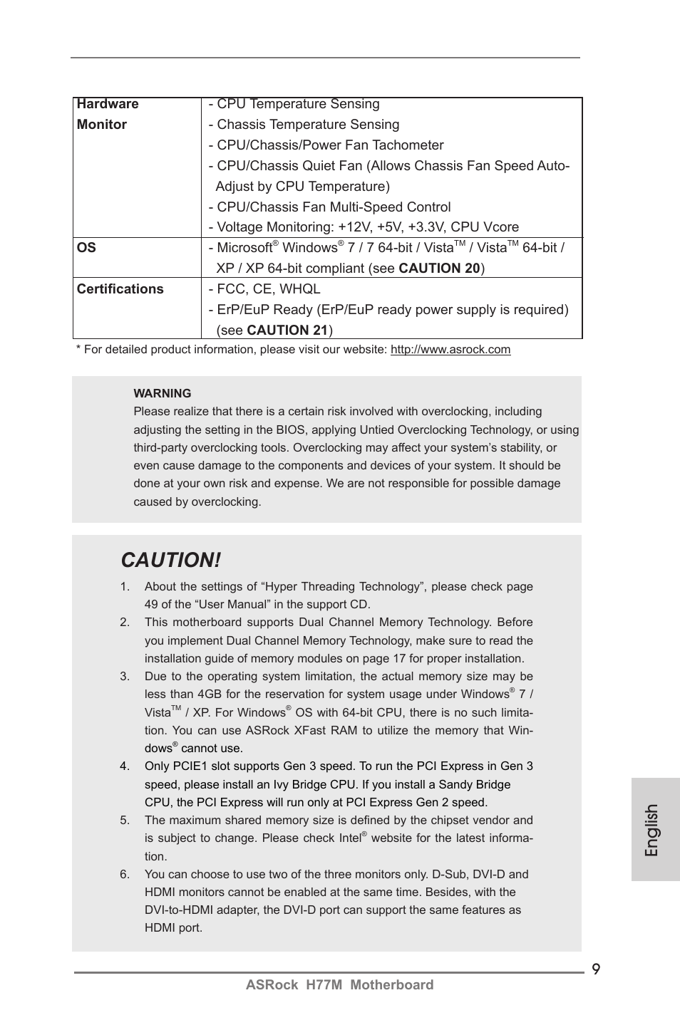 Caution, English | ASRock H77M User Manual | Page 9 / 206