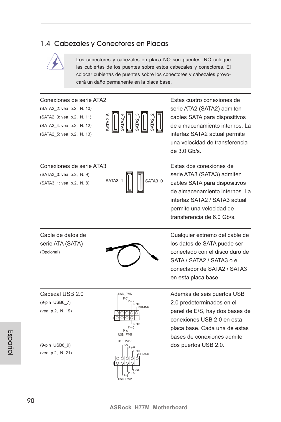 Español 1.4 cabezales y conectores en placas | ASRock H77M User Manual | Page 90 / 206