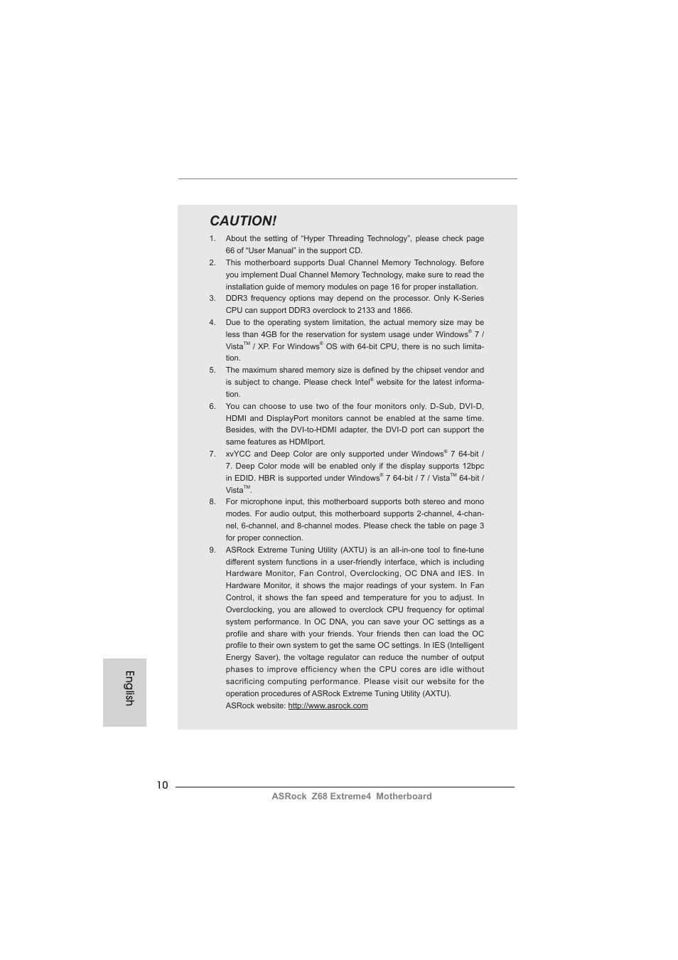 Caution, English | ASRock Z68 Extreme4 User Manual | Page 10 / 322