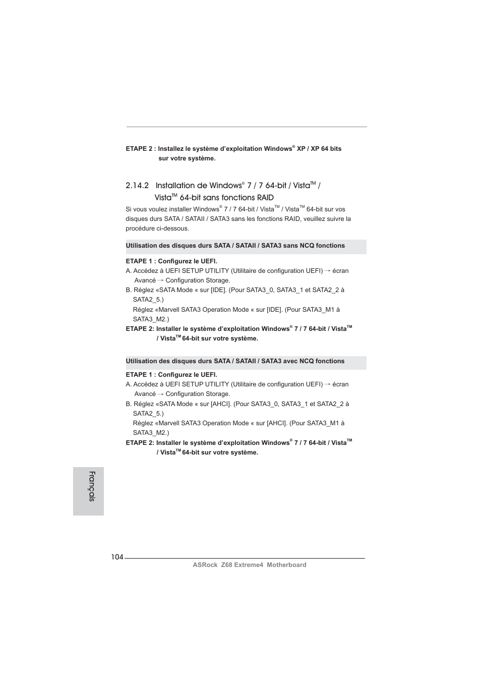 2 installation de windows, 7 / 7 64-bit / vista, Vista | Bit sans fonctions raid, Français | ASRock Z68 Extreme4 User Manual | Page 104 / 322