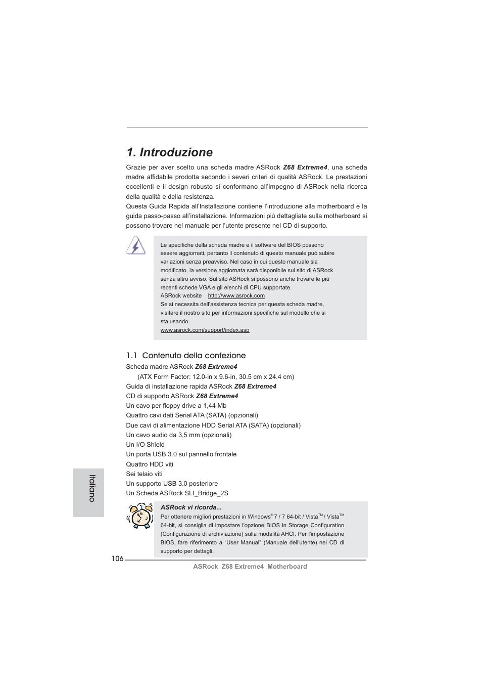Italian, Introduzione, 1 contenuto della confezione | Italiano | ASRock Z68 Extreme4 User Manual | Page 106 / 322