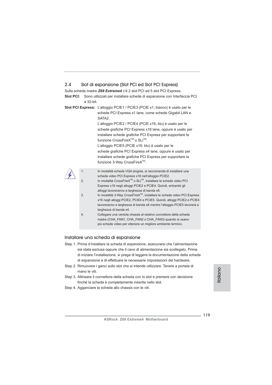 Installare una scheda di espansione, Italiano | ASRock Z68 Extreme4 User Manual | Page 119 / 322