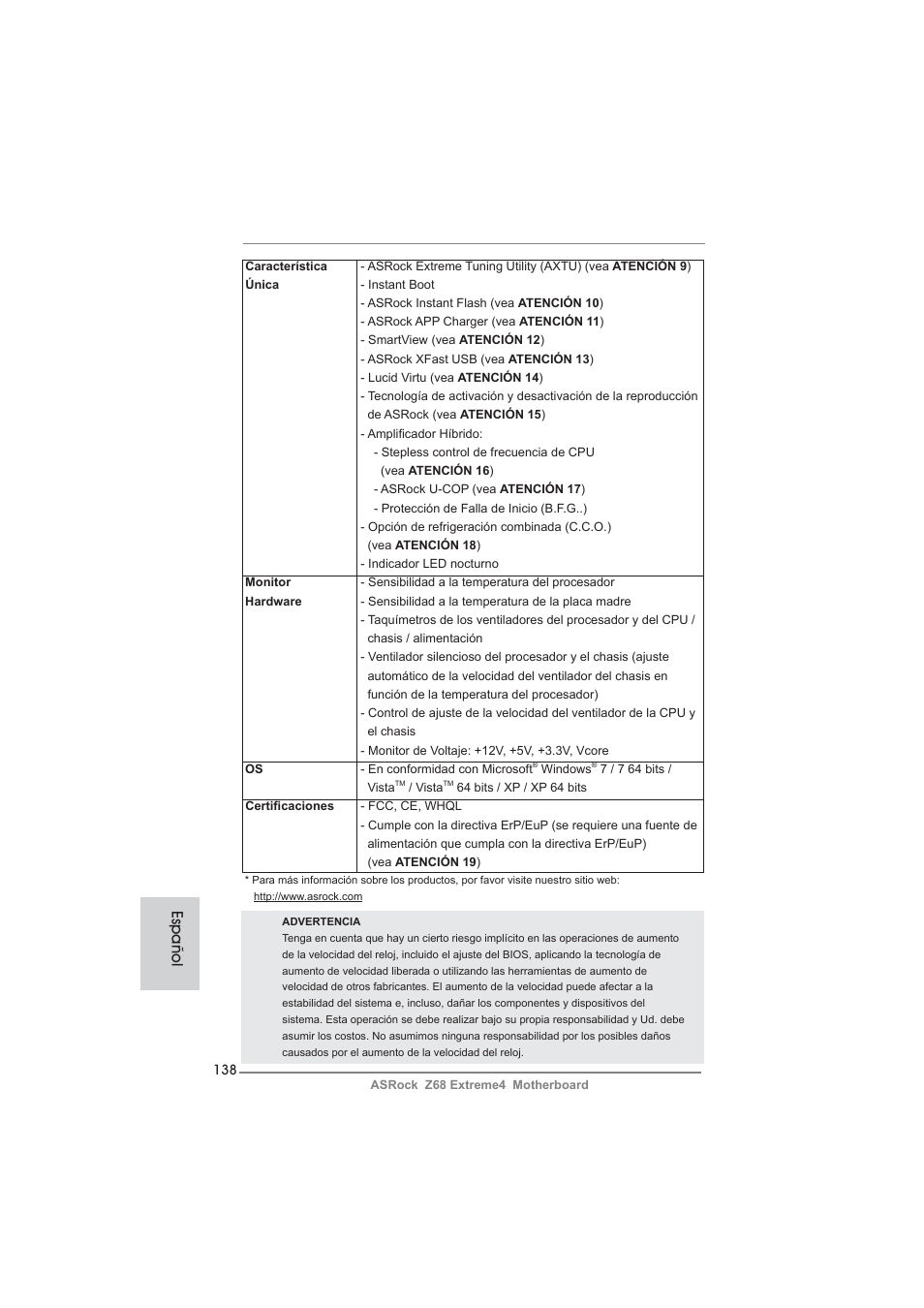Español | ASRock Z68 Extreme4 User Manual | Page 138 / 322