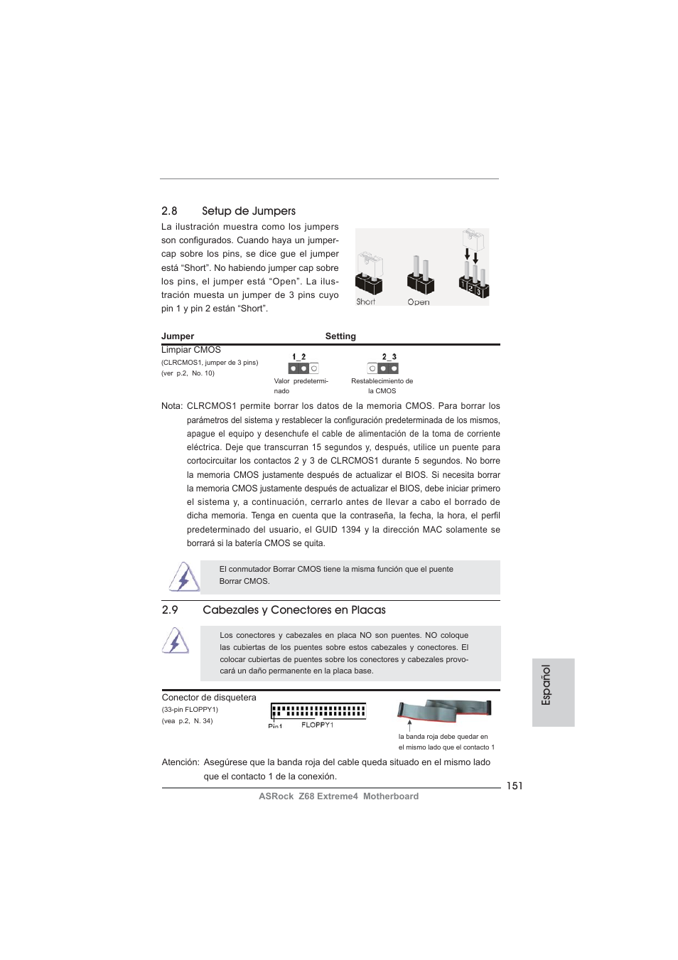 Español 2.8 setup de jumpers, 9 cabezales y conectores en placas | ASRock Z68 Extreme4 User Manual | Page 151 / 322