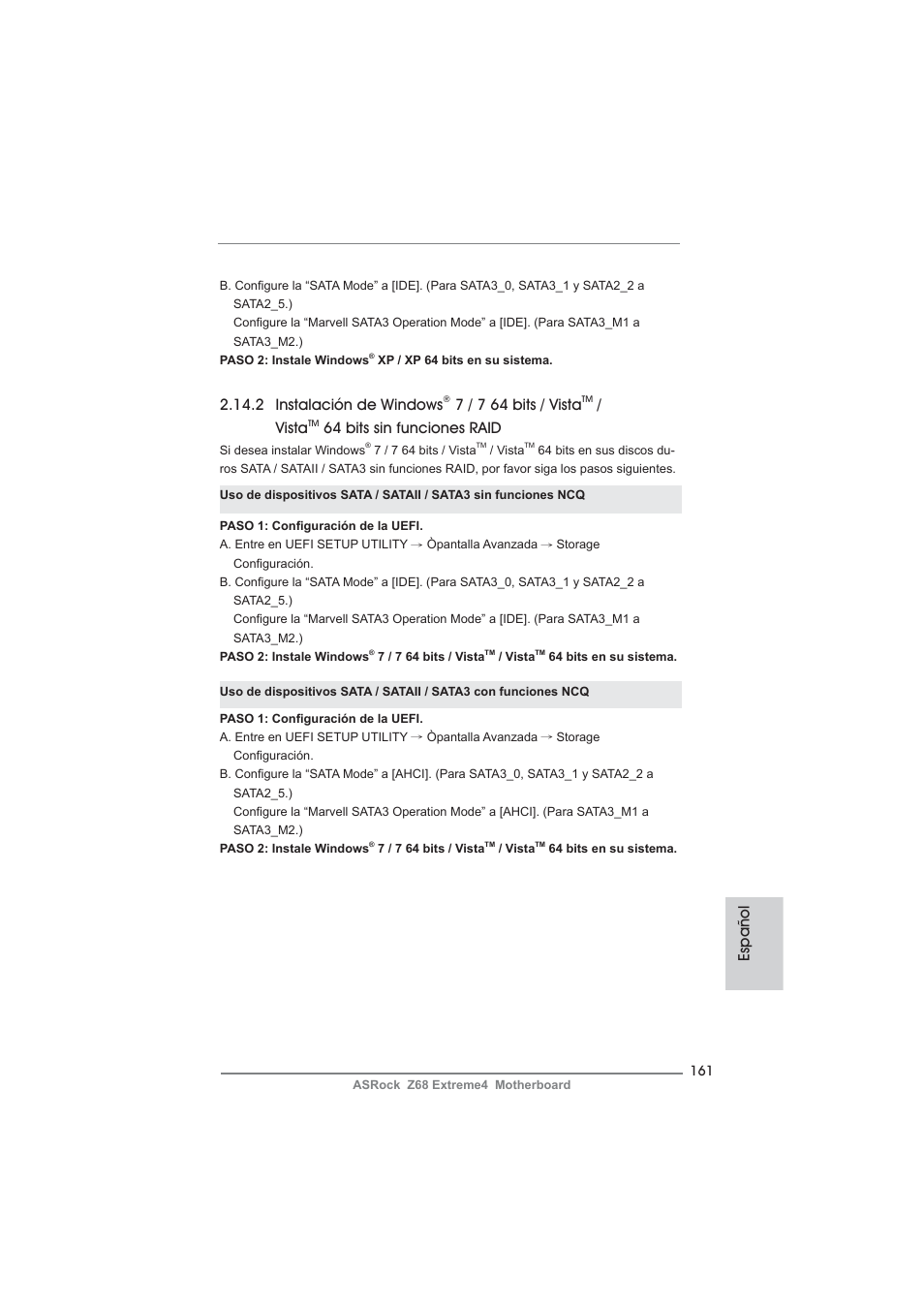 Español 2.14.2 instalación de windows, 7 / 7 64 bits / vista, Vista | 64 bits sin funciones raid | ASRock Z68 Extreme4 User Manual | Page 161 / 322