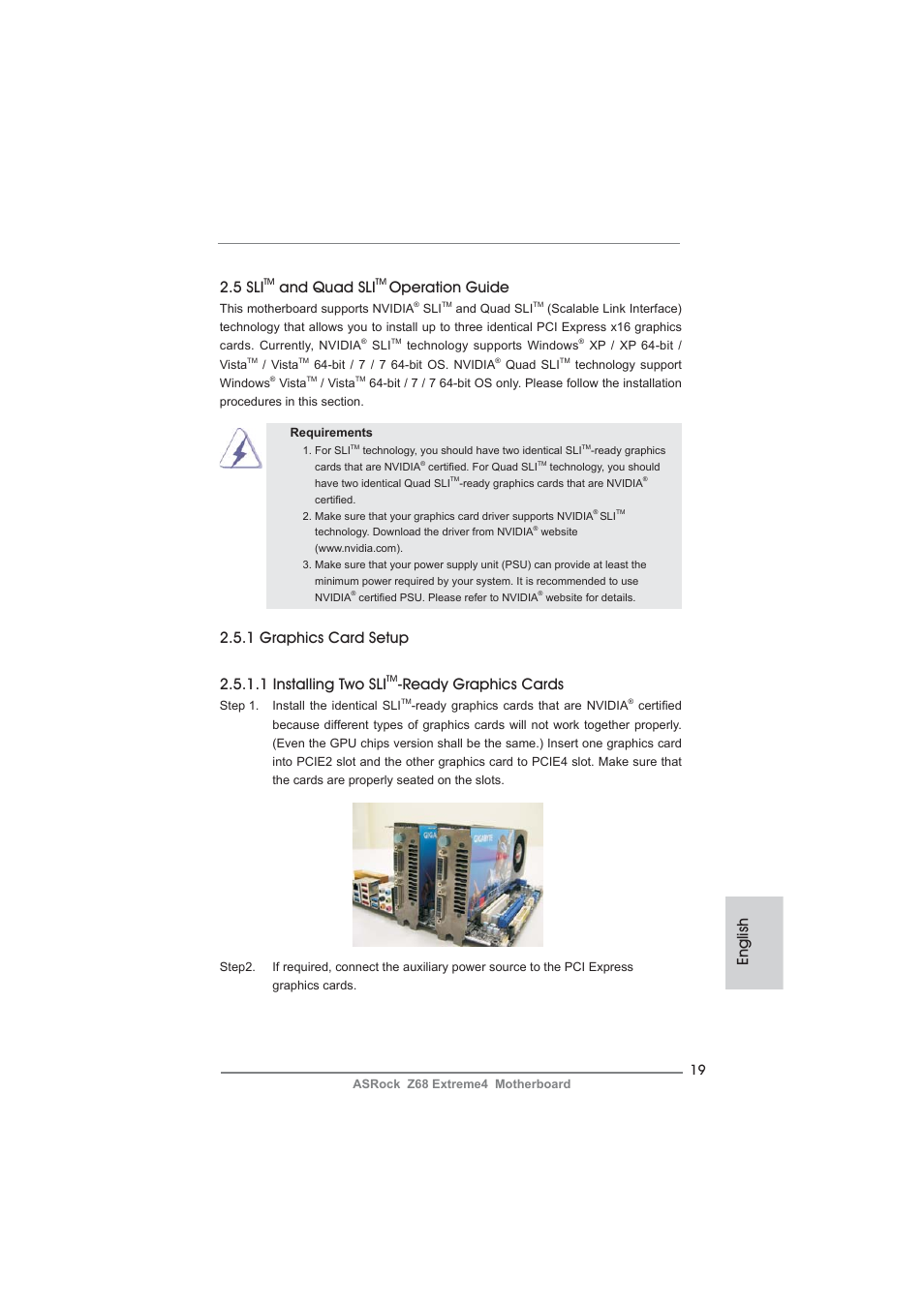 English 2.5 sli, And quad sli, Operation guide | Ready graphics cards | ASRock Z68 Extreme4 User Manual | Page 19 / 322