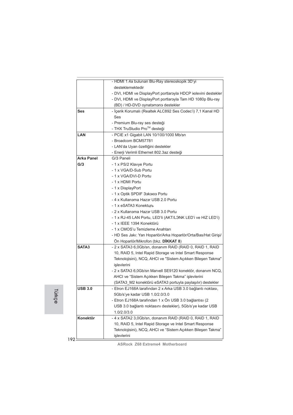 Türkçe | ASRock Z68 Extreme4 User Manual | Page 192 / 322