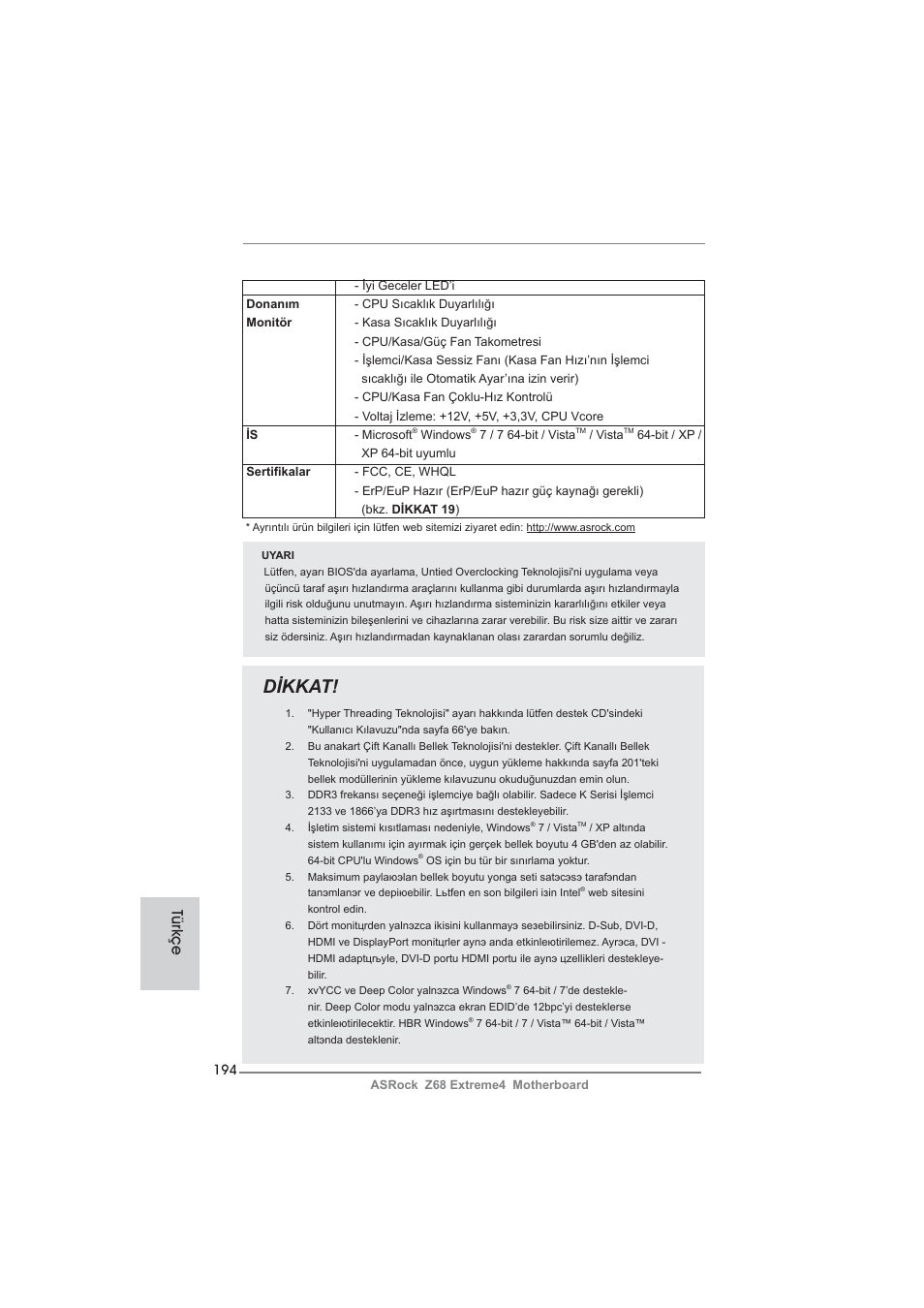 Dikkat, Türkçe | ASRock Z68 Extreme4 User Manual | Page 194 / 322