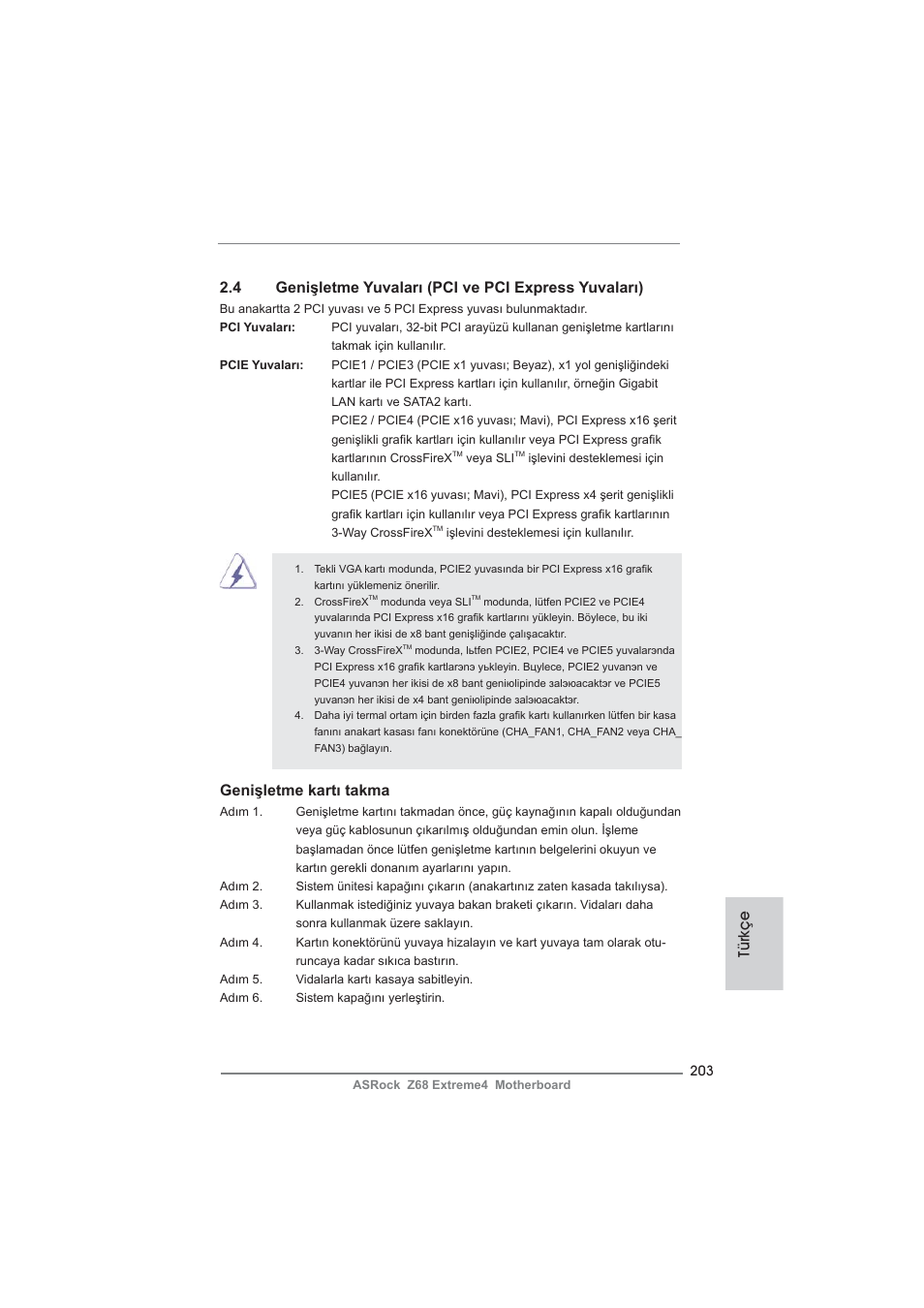 Genişletme kartı takma, Türkçe | ASRock Z68 Extreme4 User Manual | Page 203 / 322