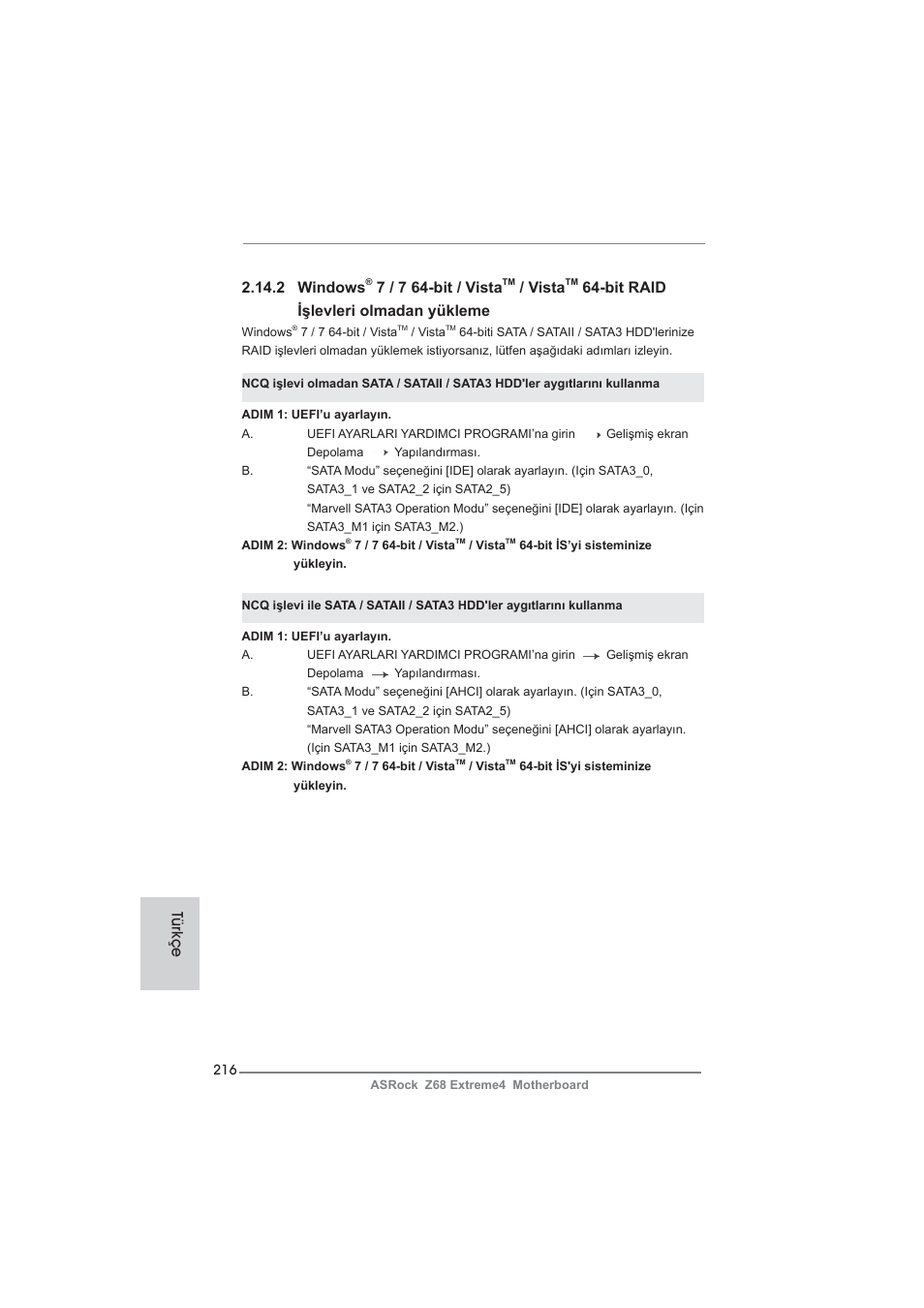 2 windows, 7 / 7 64-bit / vista, Vista | Bit raid işlevleri olmadan yükleme, Türkçe | ASRock Z68 Extreme4 User Manual | Page 216 / 322