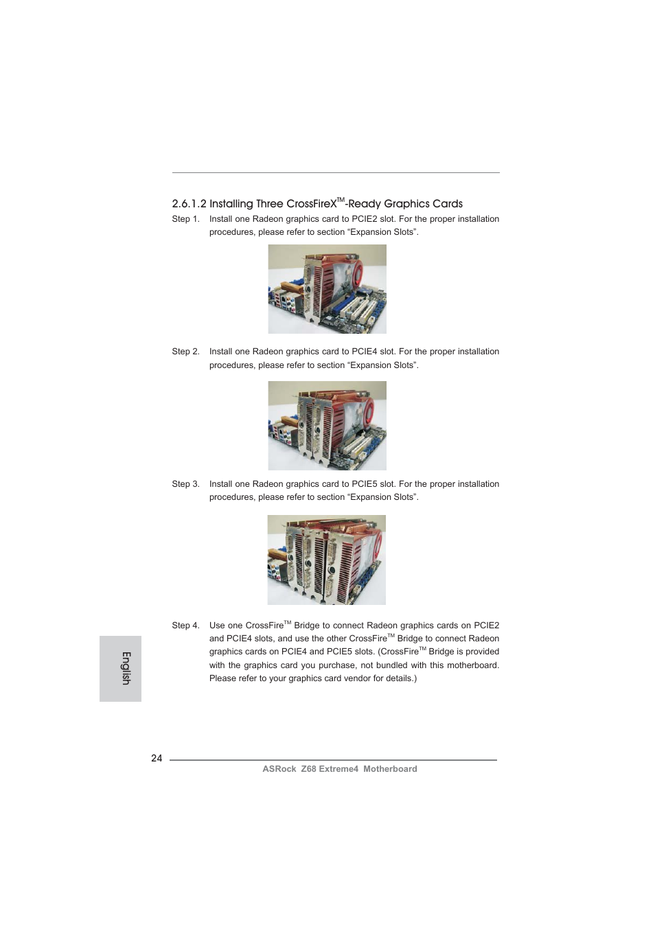English 2.6.1.2 installing three crossfirex, Ready graphics cards | ASRock Z68 Extreme4 User Manual | Page 24 / 322