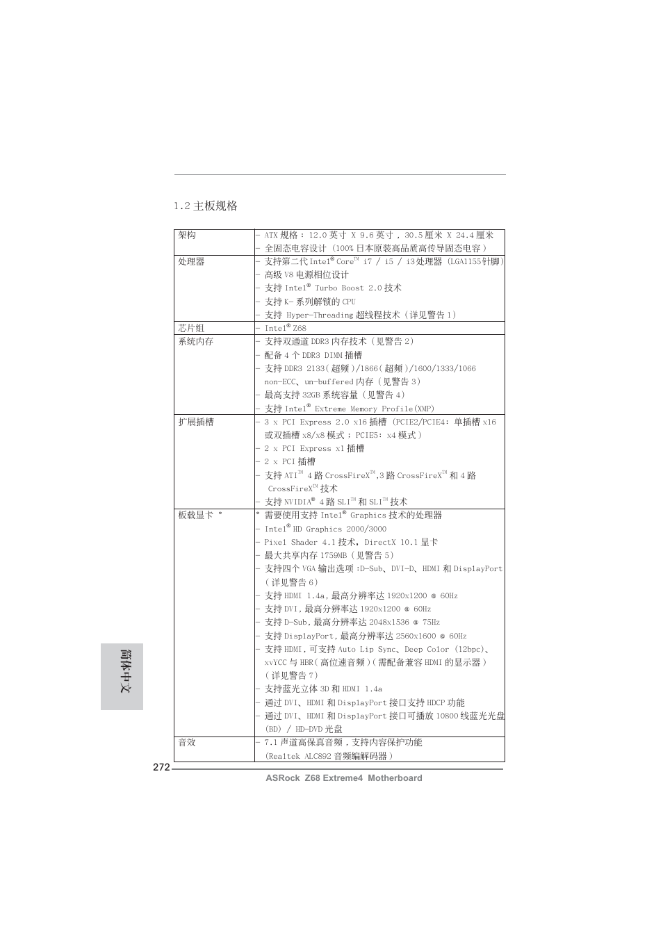 2 主板規格, 簡體中文 | ASRock Z68 Extreme4 User Manual | Page 272 / 322