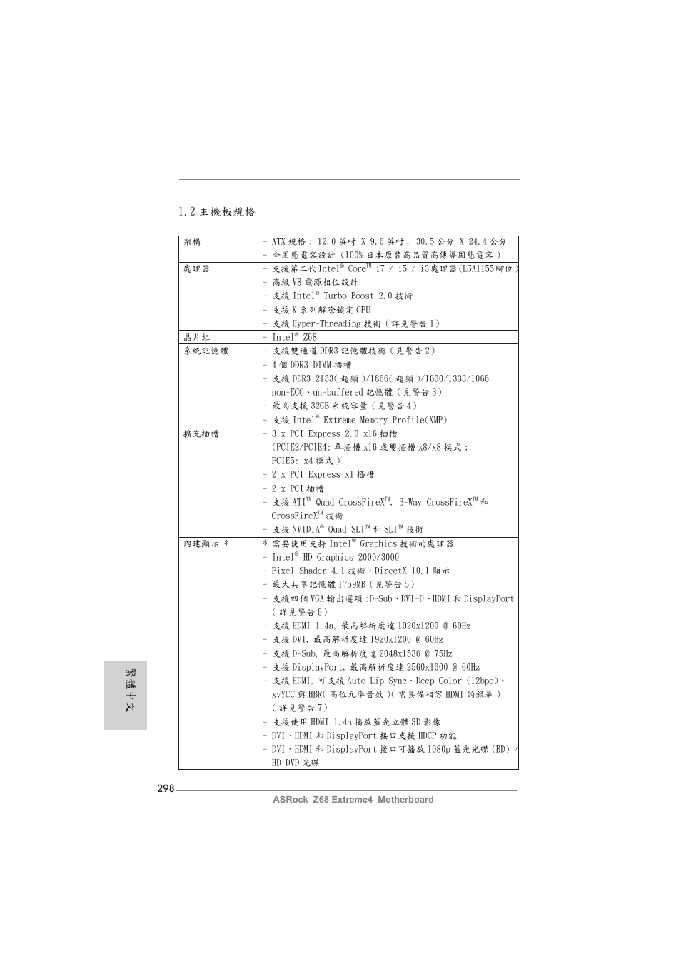 2 主機板規格, 繁體中文 | ASRock Z68 Extreme4 User Manual | Page 298 / 322