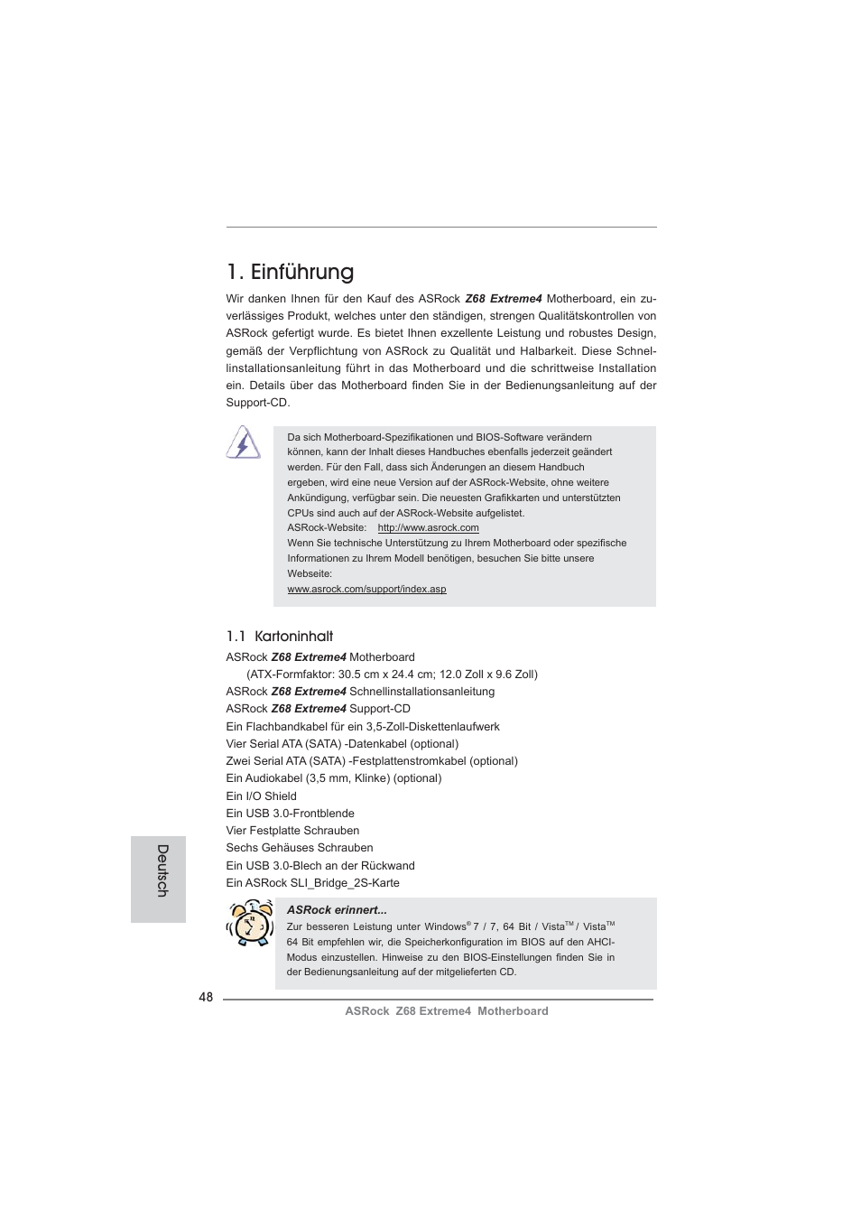 German, Einführung, 1 kartoninhalt | Deutsch | ASRock Z68 Extreme4 User Manual | Page 48 / 322