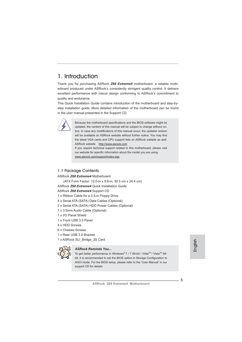 Introduction, 1 package contents, English | ASRock Z68 Extreme4 User Manual | Page 5 / 322