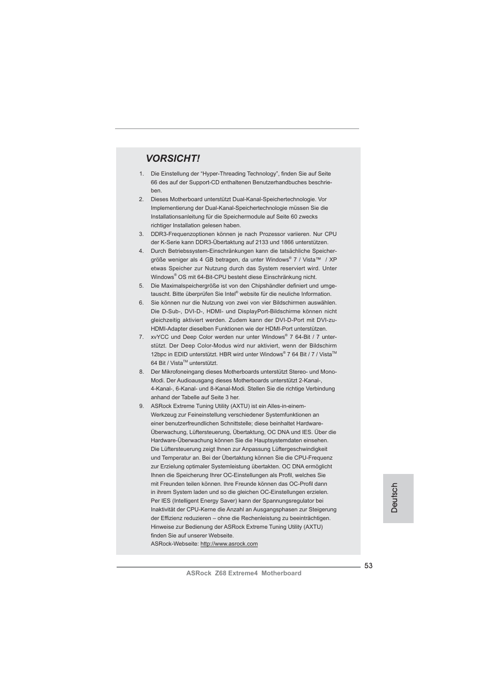 Vorsicht, Deutsch | ASRock Z68 Extreme4 User Manual | Page 53 / 322