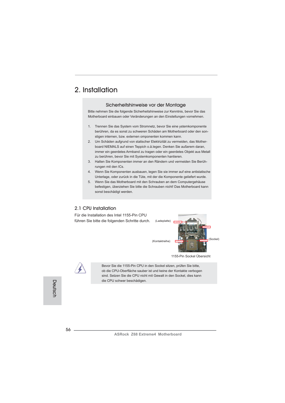 Installation, Sicherheitshinweise vor der montage, 1 cpu installation | Deutsch | ASRock Z68 Extreme4 User Manual | Page 56 / 322