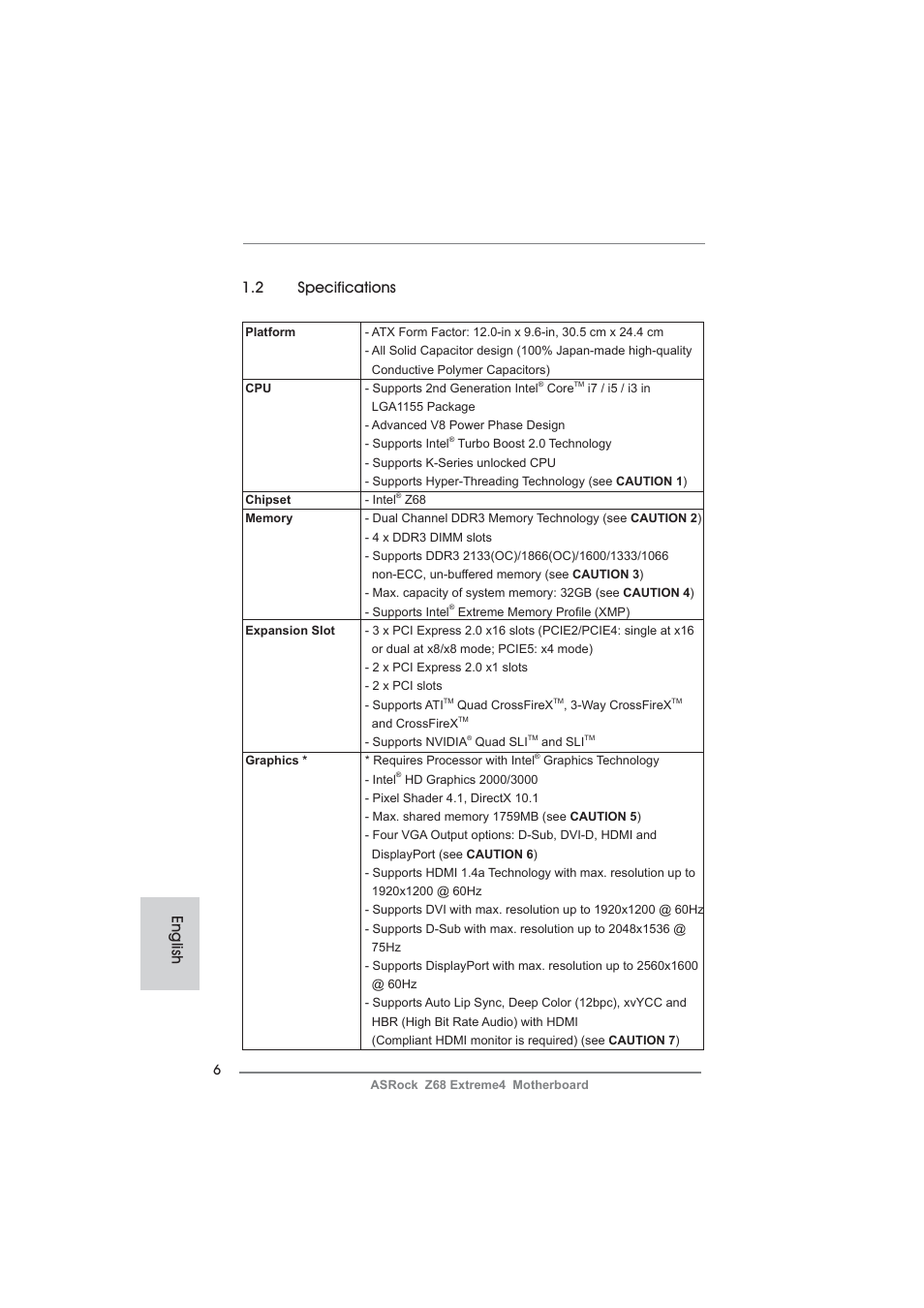 English 1.2 specifications | ASRock Z68 Extreme4 User Manual | Page 6 / 322