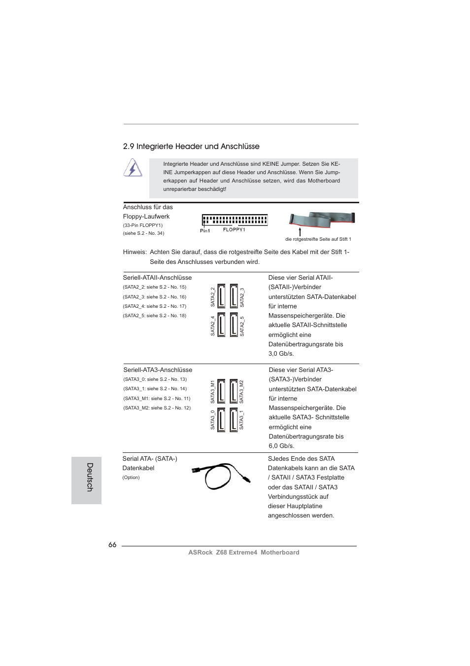 9 integrierte header und anschlüsse, Deutsch | ASRock Z68 Extreme4 User Manual | Page 66 / 322