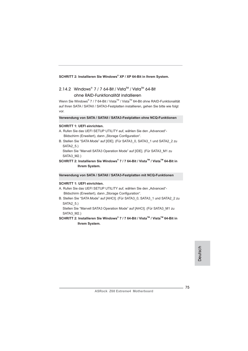 Deutsch 2.14.2 windows, 7 / 7 64-bit / vista, Vista | Bit ohne raid-funktionalität installieren | ASRock Z68 Extreme4 User Manual | Page 75 / 322