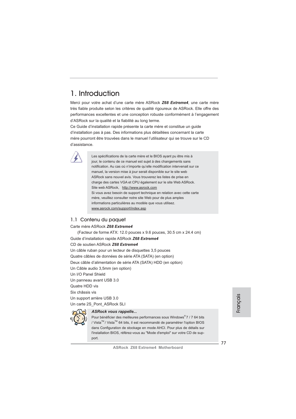 French, Introduction, 1 contenu du paquet | Français | ASRock Z68 Extreme4 User Manual | Page 77 / 322