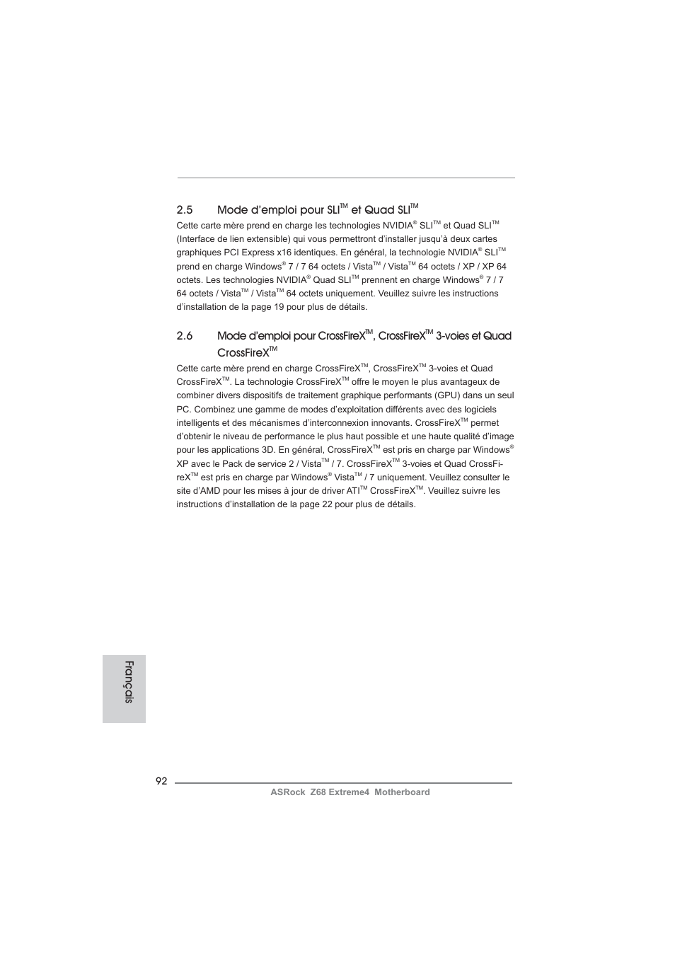 5 mode d’emploi pour sli, Et quad sli, 6 mode d’emploi pour crossfirex | Crossfirex, Voies et quad crossfirex, Français | ASRock Z68 Extreme4 User Manual | Page 92 / 322