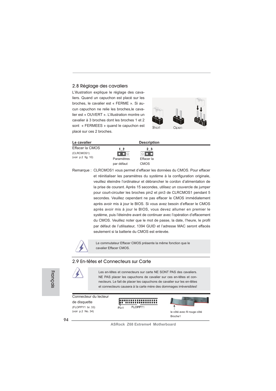 8 réglage des cavaliers, 9 en-têtes et connecteurs sur carte, Français | ASRock Z68 Extreme4 User Manual | Page 94 / 322