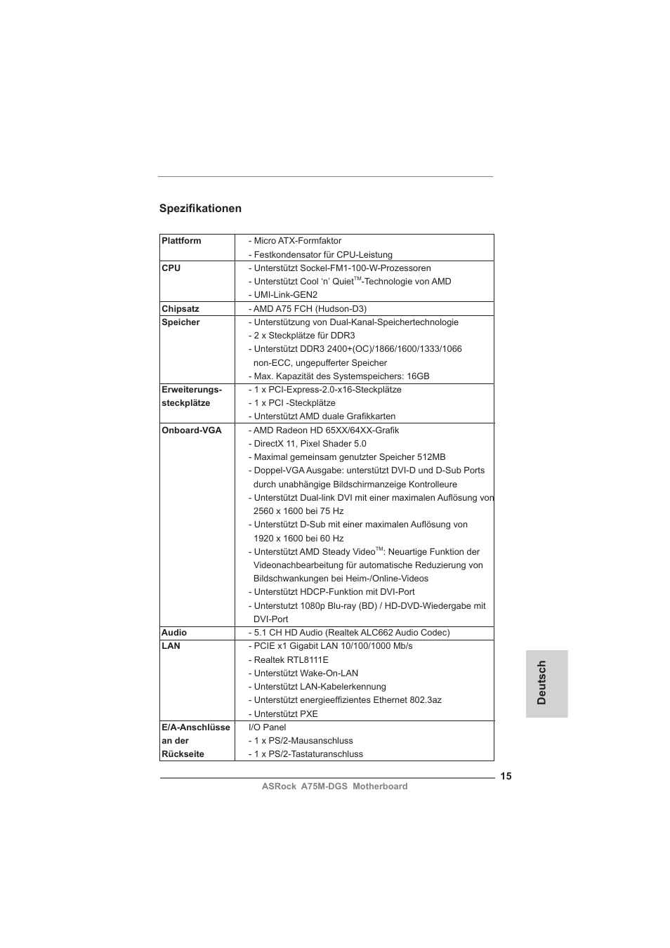German, Spezifi kationen, Deutsch | ASRock A75M-DGS User Manual | Page 15 / 44