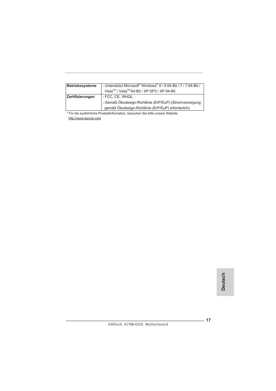 Deutsch | ASRock A75M-DGS User Manual | Page 17 / 44