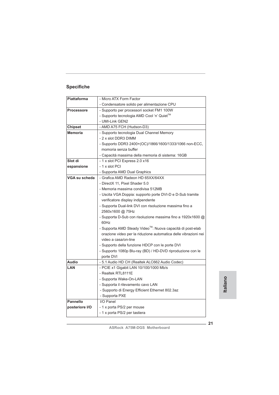 Italian, Italiano specifi che | ASRock A75M-DGS User Manual | Page 21 / 44