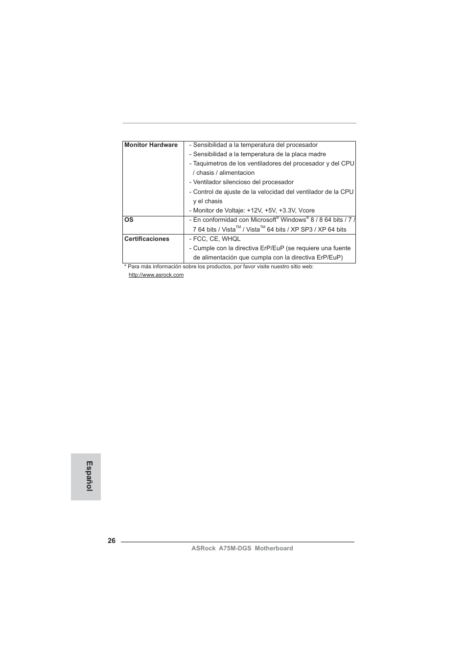 Español | ASRock A75M-DGS User Manual | Page 26 / 44