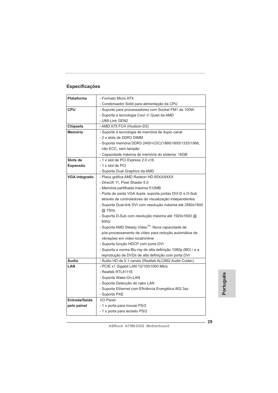 Portuguese, Português especifi cações | ASRock A75M-DGS User Manual | Page 29 / 44