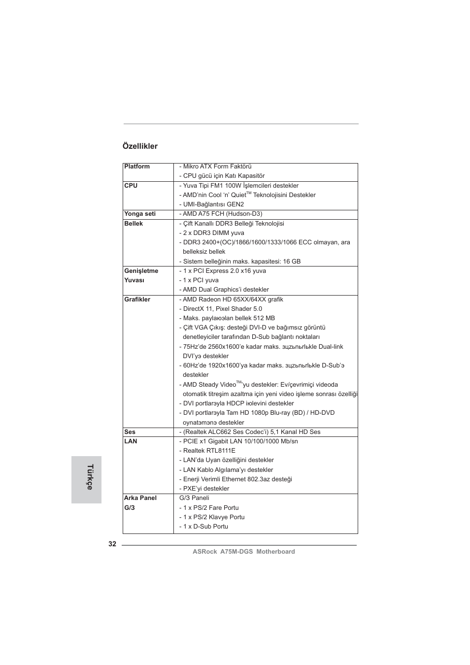 Turkish, Özellikler, Türkçe | ASRock A75M-DGS User Manual | Page 32 / 44