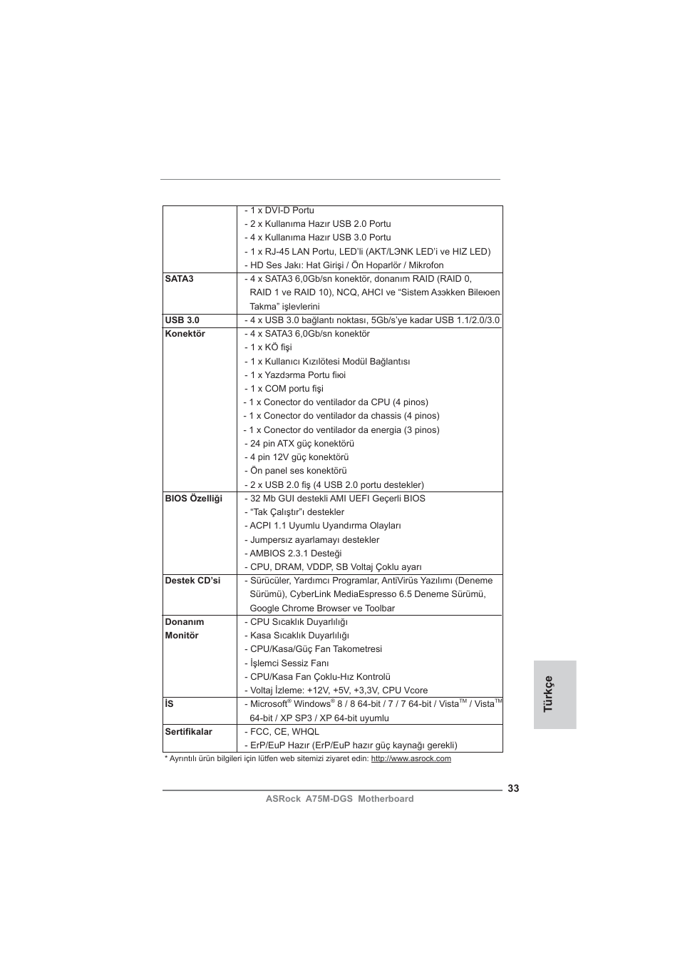 Türkçe | ASRock A75M-DGS User Manual | Page 33 / 44