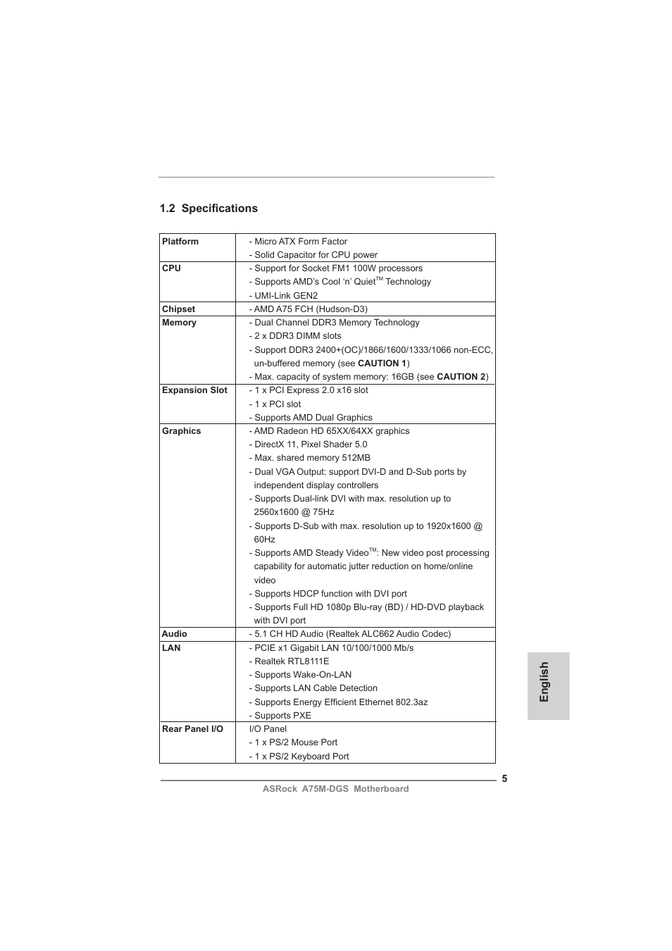 English 1.2 specifi cations | ASRock A75M-DGS User Manual | Page 5 / 44