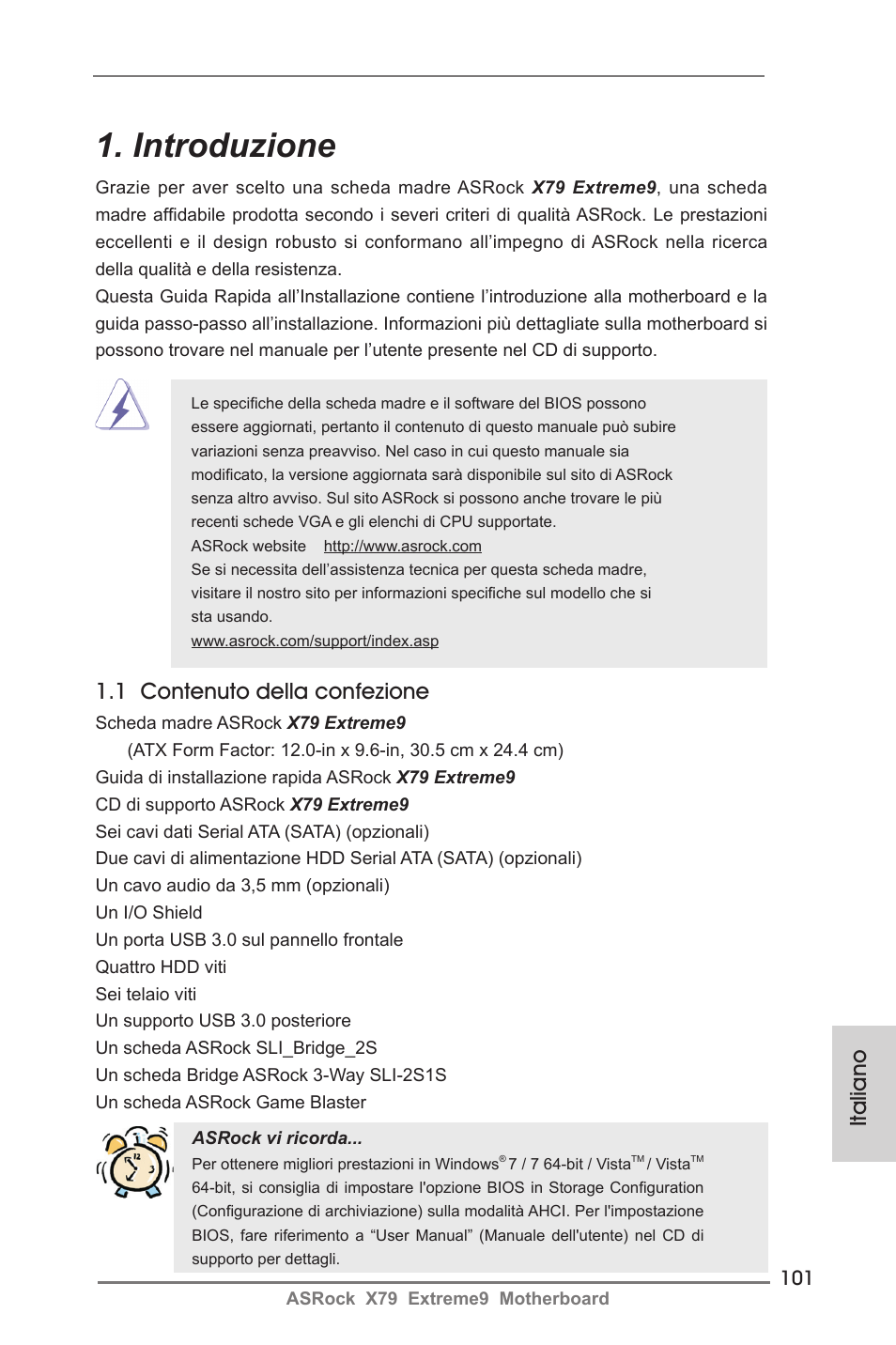 Italian, Introduzione, Italiano | 1 contenuto della confezione | ASRock X79 Extreme9 User Manual | Page 101 / 246