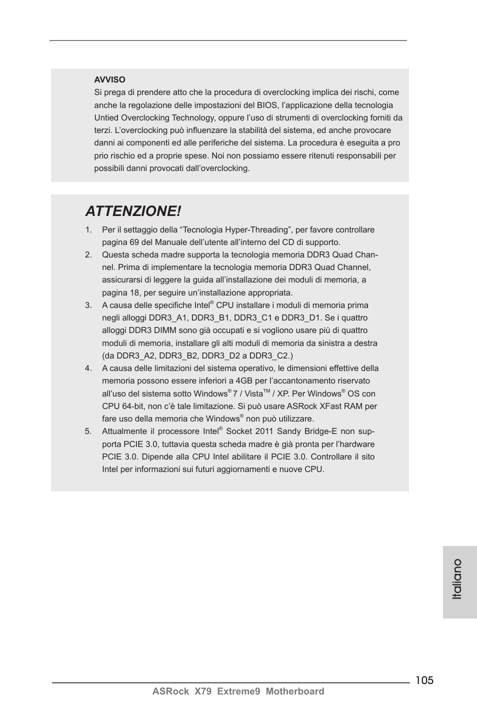 Attenzione, Italiano | ASRock X79 Extreme9 User Manual | Page 105 / 246