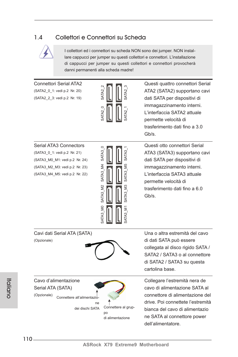 Italiano 1.4 collettori e connettori su scheda | ASRock X79 Extreme9 User Manual | Page 110 / 246