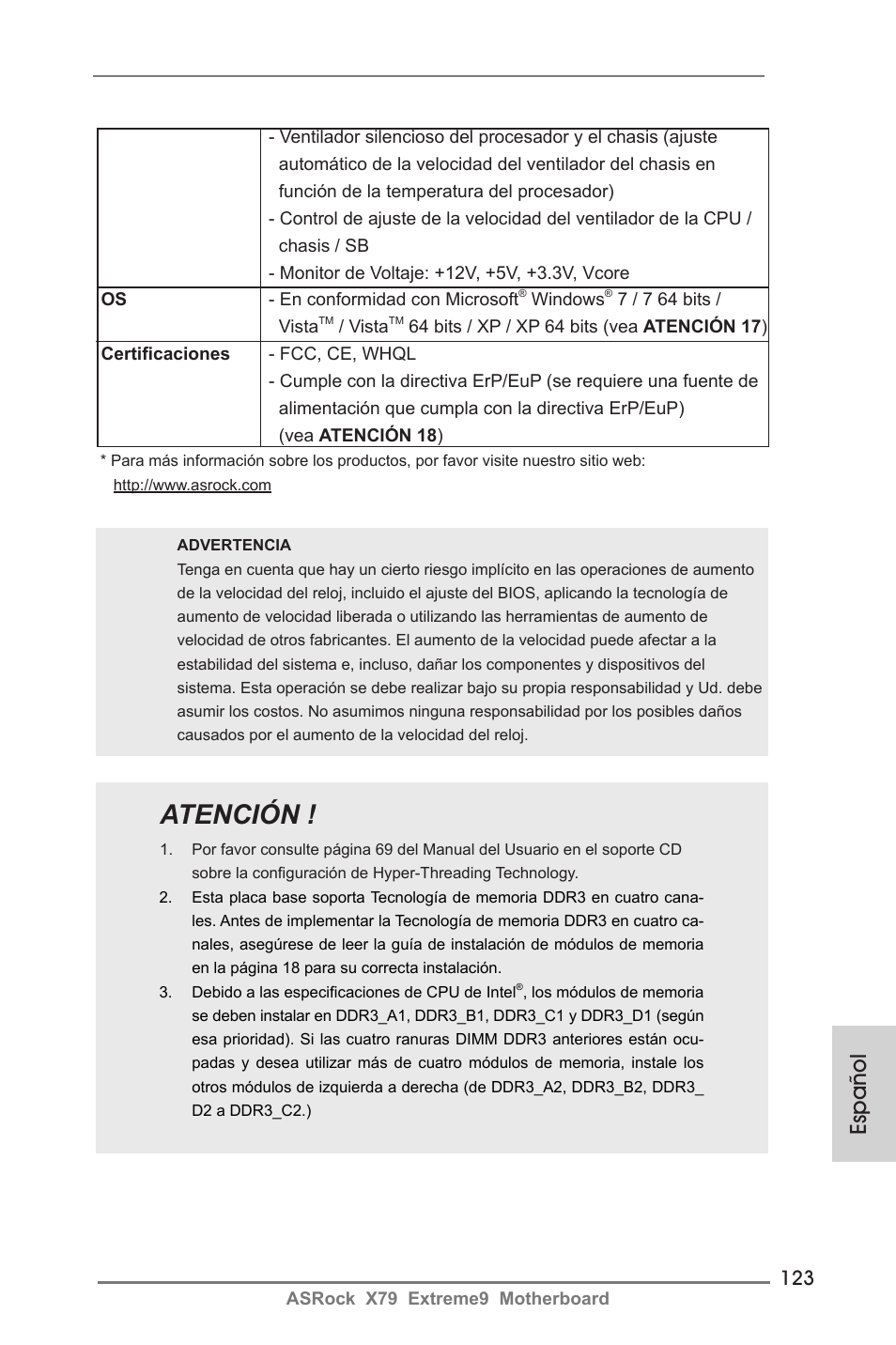 Atención, Español | ASRock X79 Extreme9 User Manual | Page 123 / 246