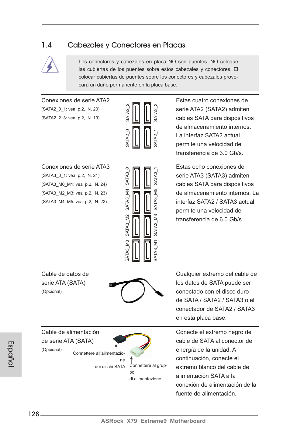 Español 1.4 cabezales y conectores en placas | ASRock X79 Extreme9 User Manual | Page 128 / 246
