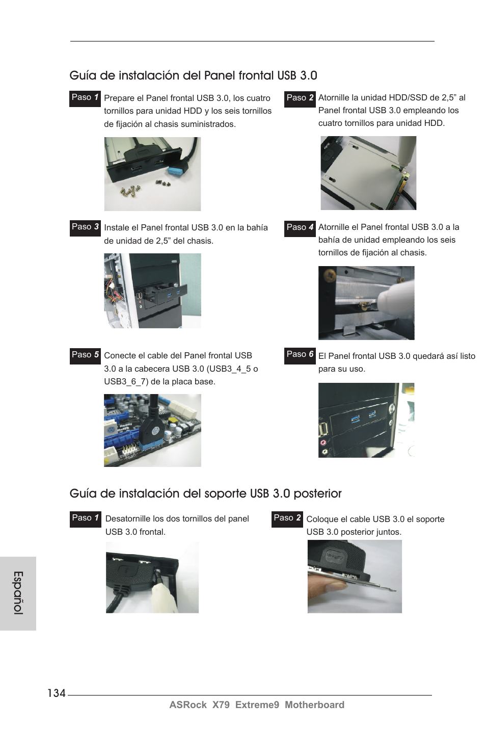 Guía de instalación del soporte usb 3.0 posterior | ASRock X79 Extreme9 User Manual | Page 134 / 246