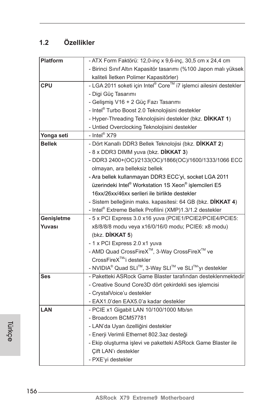 Türkçe 1.2 özellikler | ASRock X79 Extreme9 User Manual | Page 156 / 246