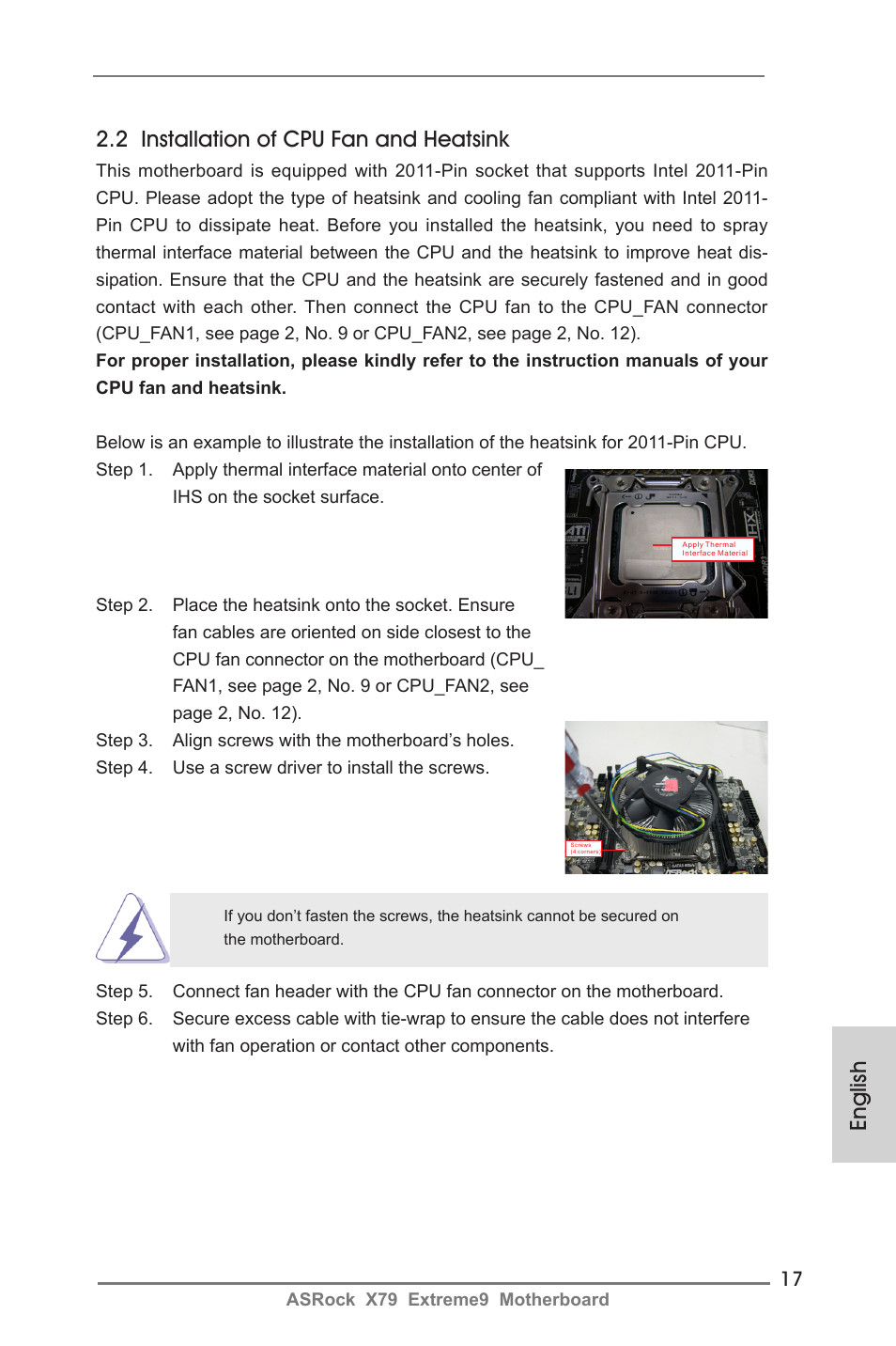 English 2.2 installation of cpu fan and heatsink | ASRock X79 Extreme9 User Manual | Page 17 / 246