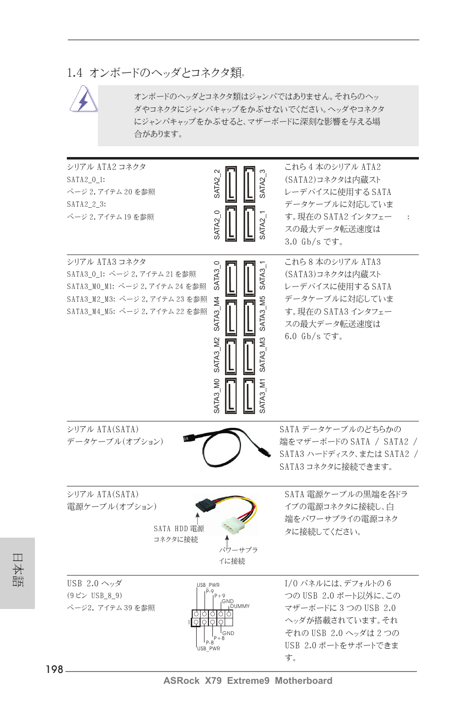 日本語 1.4 オンボードのヘッダとコネクタ類, Asrock x79 extreme9 motherboard | ASRock X79 Extreme9 User Manual | Page 198 / 246