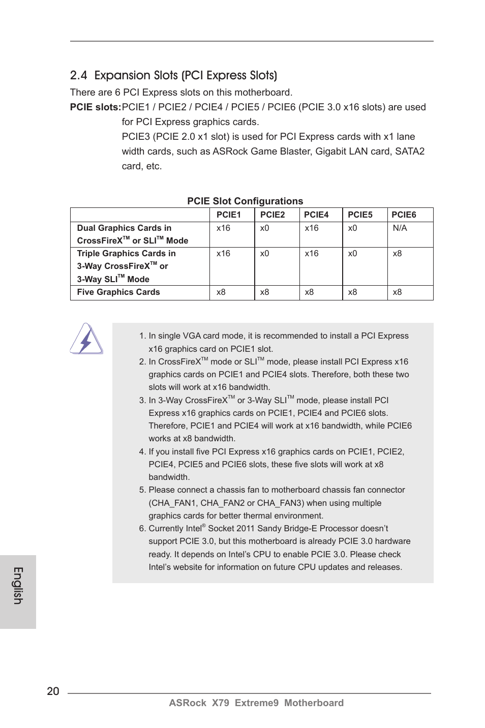 English 2.4 expansion slots (pci express slots) | ASRock X79 Extreme9 User Manual | Page 20 / 246
